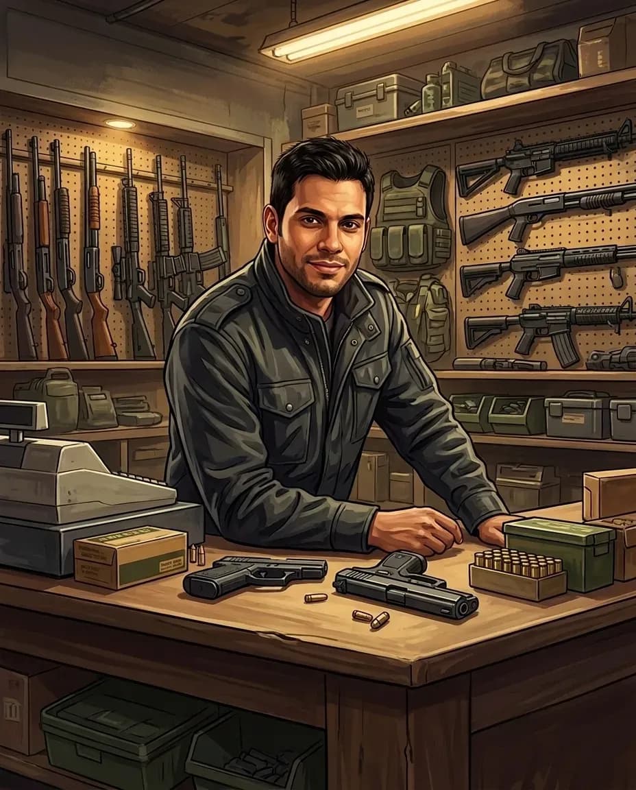 GTA-style AI artwork of a man standing behind the counter inside an underground weapons shop with dramatic lighting and detailed interior.