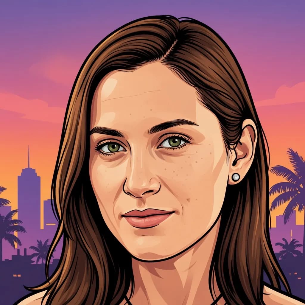Close-up GTA-inspired AI portrait of a woman with bold outlines and a colorful Vice City-style sunset skyline background.