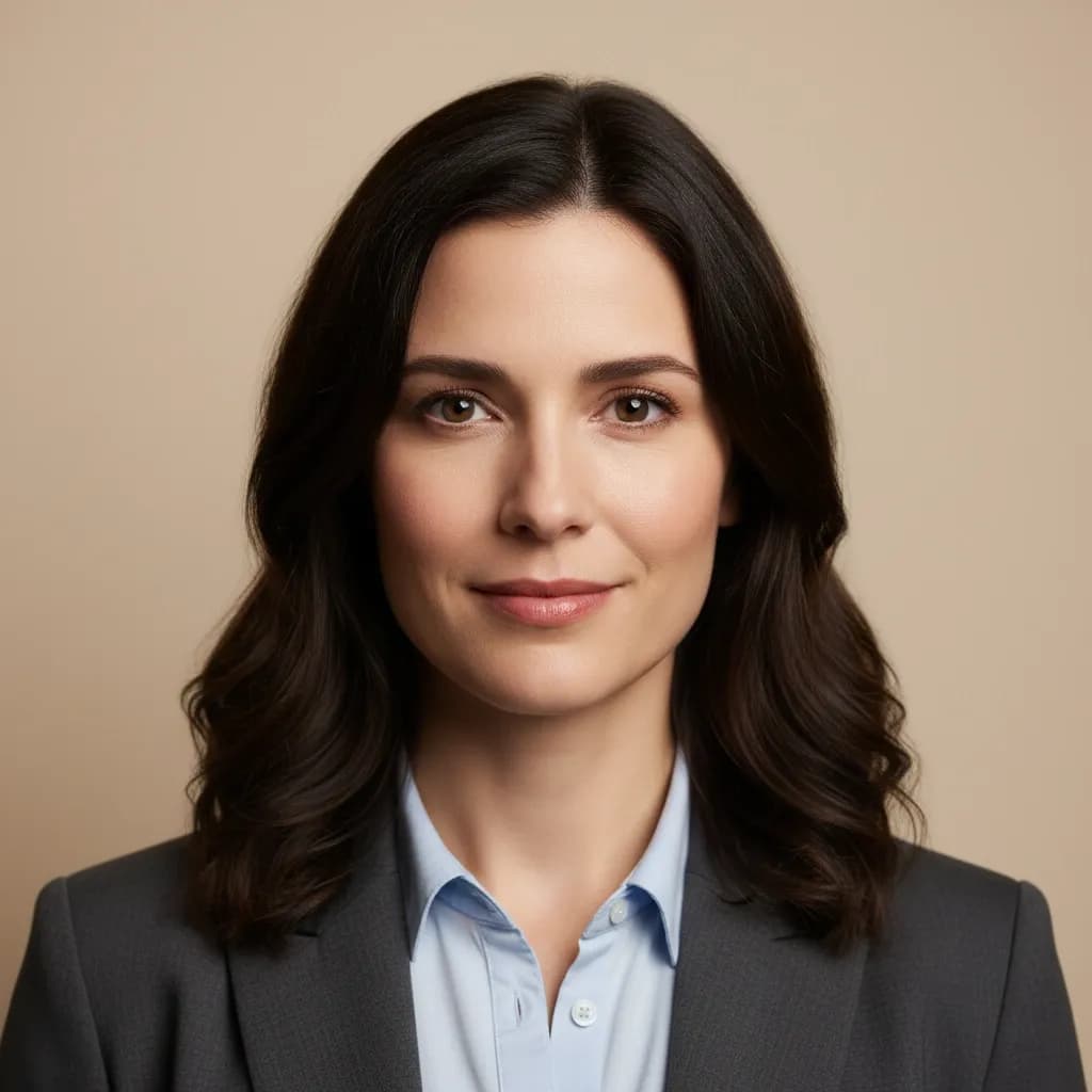 Minimalist LinkedIn headshot of a woman in a blazer, centered against a plain beige background with soft, high-contrast lighting.