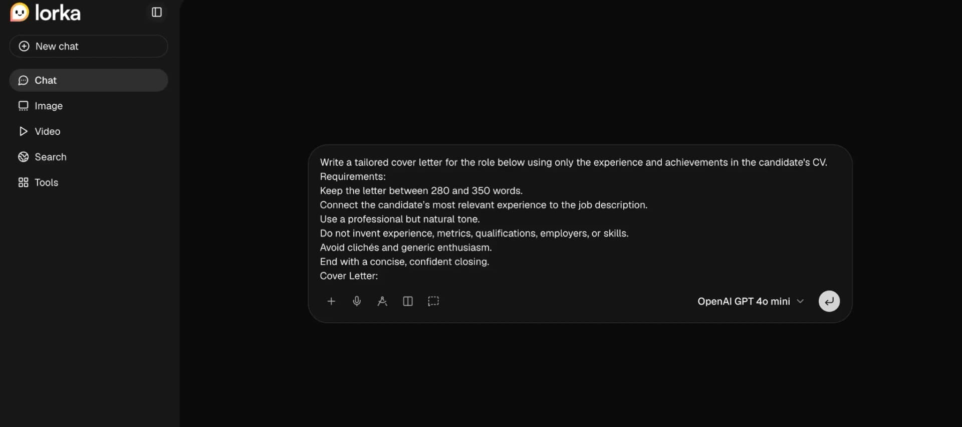 Lorka AI chat with a prompt for writing a tailored cover letter