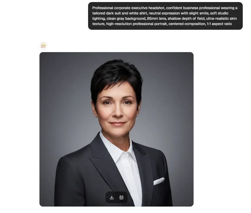 Lorka AI interface showing a prompt for a professional corporate executive headshot alongside the generated LinkedIn-style portrait of a woman in a dark suit on a gray background.