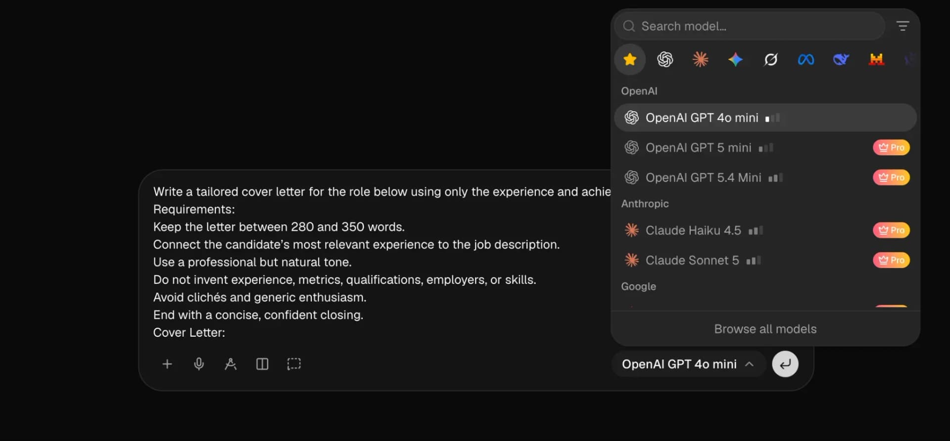 Lorka AI model selector for comparing AI cover letter generators