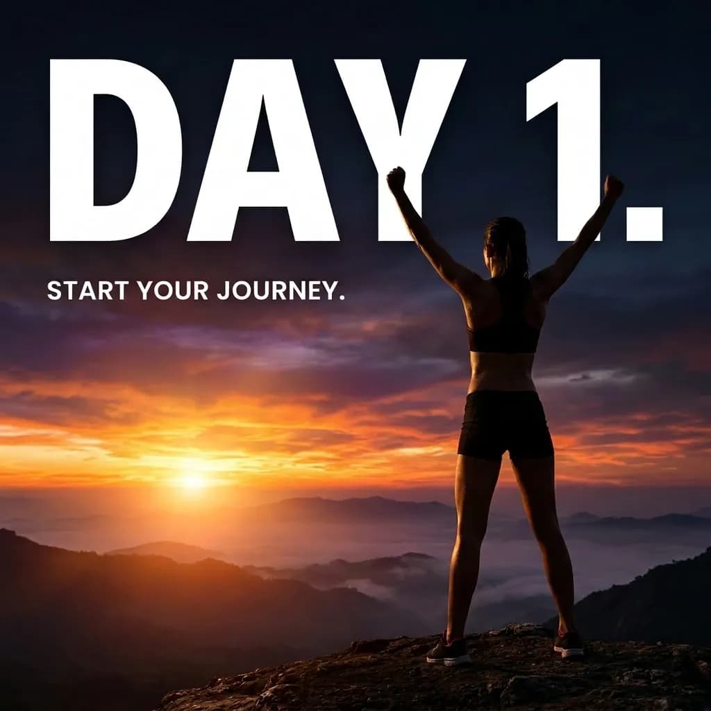 Motivational fitness social media post generated with Nano Banana 2, featuring bold typography, a sunrise landscape, and accurate AI text rendering.