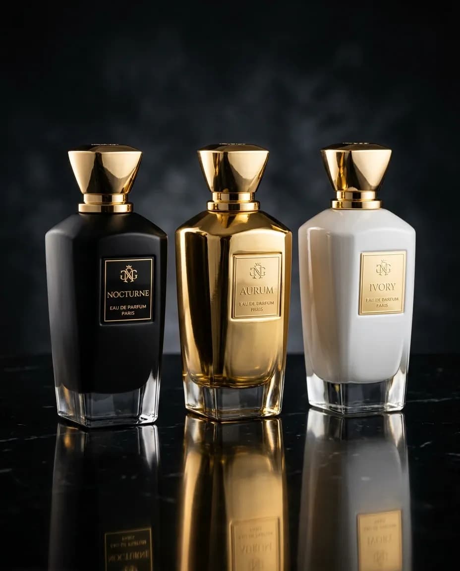 Three luxury perfume bottles generated with Nano Banana 2, showcasing realistic product photography, premium lighting, and high-detail AI image generation.