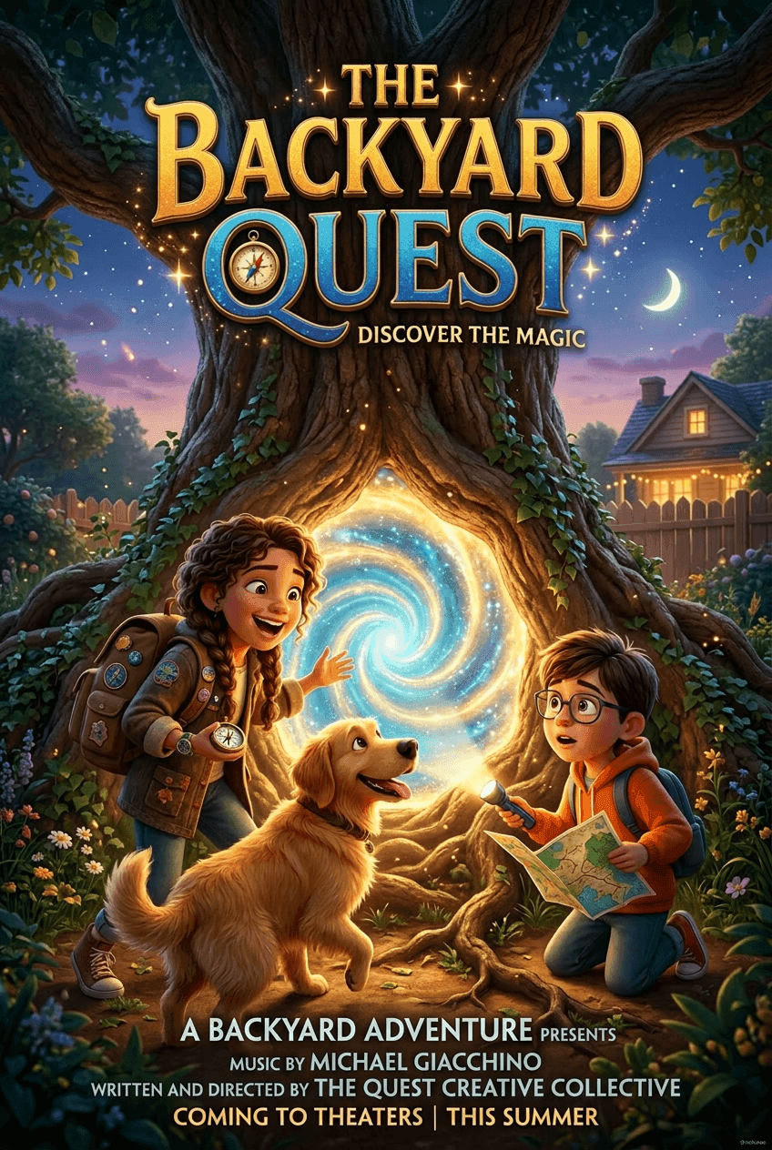 Movie poster for The Backyard Quest showing two children and a golden retriever discovering a glowing magical portal inside a large backyard tree at dusk.