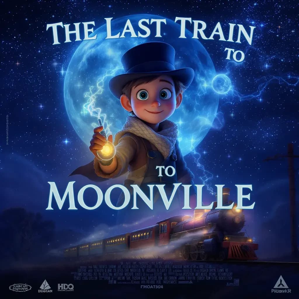Pixar-inspired AI-generated movie poster concept showing a young child holding a glowing light in front of a steam train beneath a large full moon, with the fictional title The Last Train to Moonville.