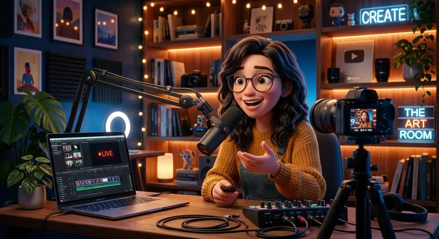 Pixar-inspired AI-generated social media illustration of a content creator filming in a cozy studio with dramatic lighting, expressive 3D character design, vibrant colors, and cinematic depth.