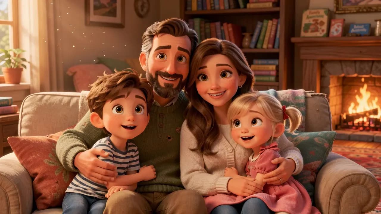 Pixar-inspired AI-generated family portrait created from a text prompt, featuring a family in a warm 3D animated style with expressive eyes, soft textures, volumetric lighting, and a cozy cinematic background.