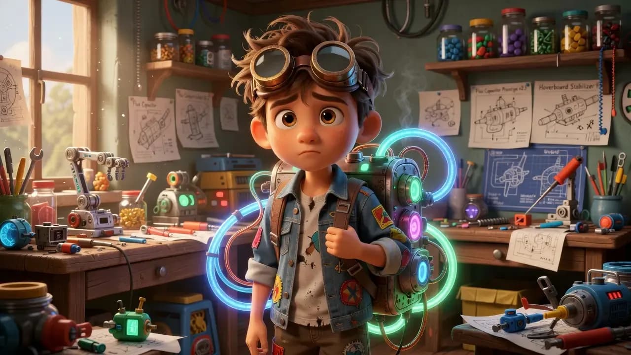Pixar-inspired AI-generated 3D illustration of a young inventor with messy hair, oversized goggles, and a glowing backpack, standing in a colorful workshop filled with tools, gadgets, and invention sketches.