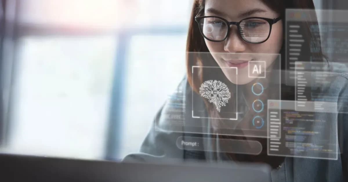 Woman wearing glasses working on a laptop with a transparent AI interface overlay displaying a brain icon, code, and prompt field.