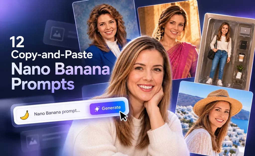 Collage of viral Gemini AI photo trends featuring Nano Banana prompts for retro portraits, figurines, and creative photo transformations.