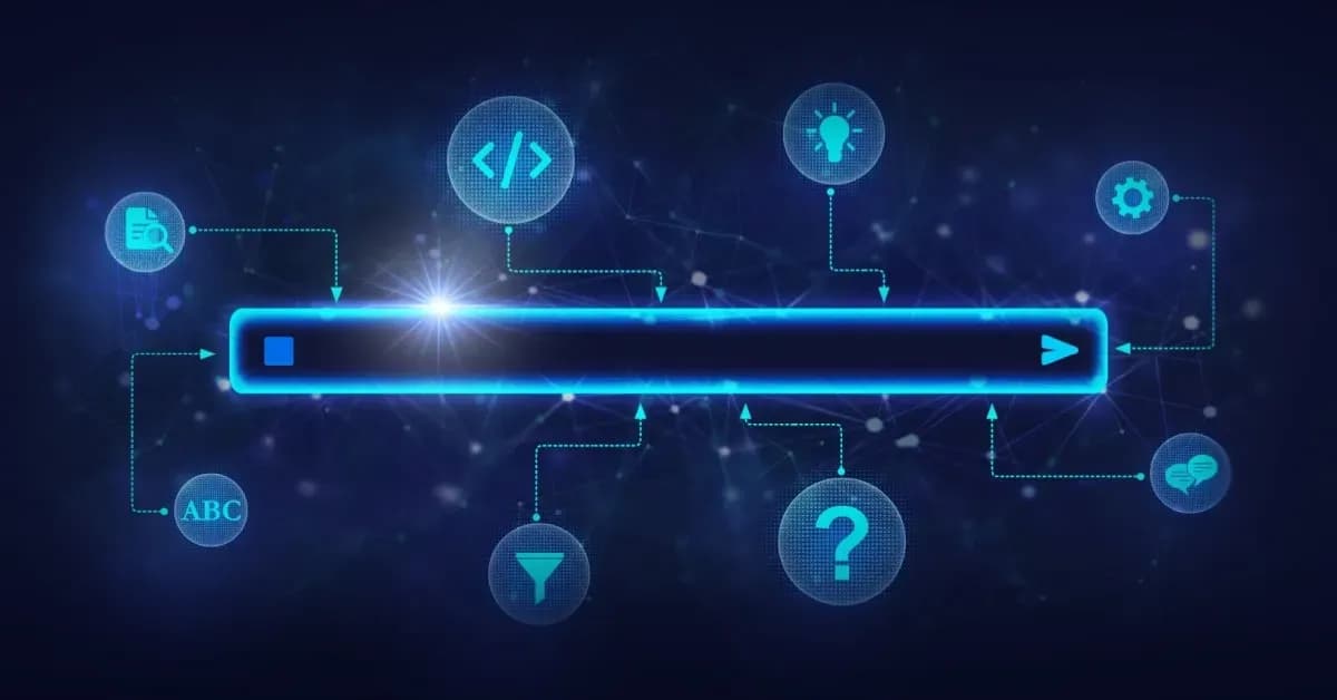 Digital search bar representing an AI prompt connected to icons for code, ideas, settings, filtering, and conversation.