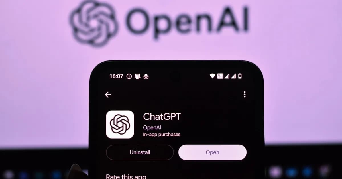Smartphone displaying the ChatGPT app by OpenAI on an app store screen with the OpenAI logo in the background.