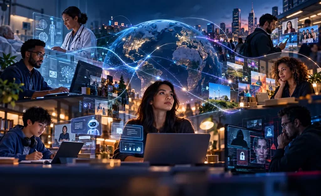 Woman using a laptop surrounded by AI interfaces, healthcare, education, cybersecurity, and a connected digital globe.