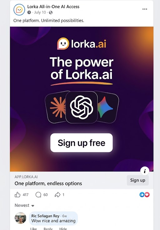 Facebook comment praising Lorka AI