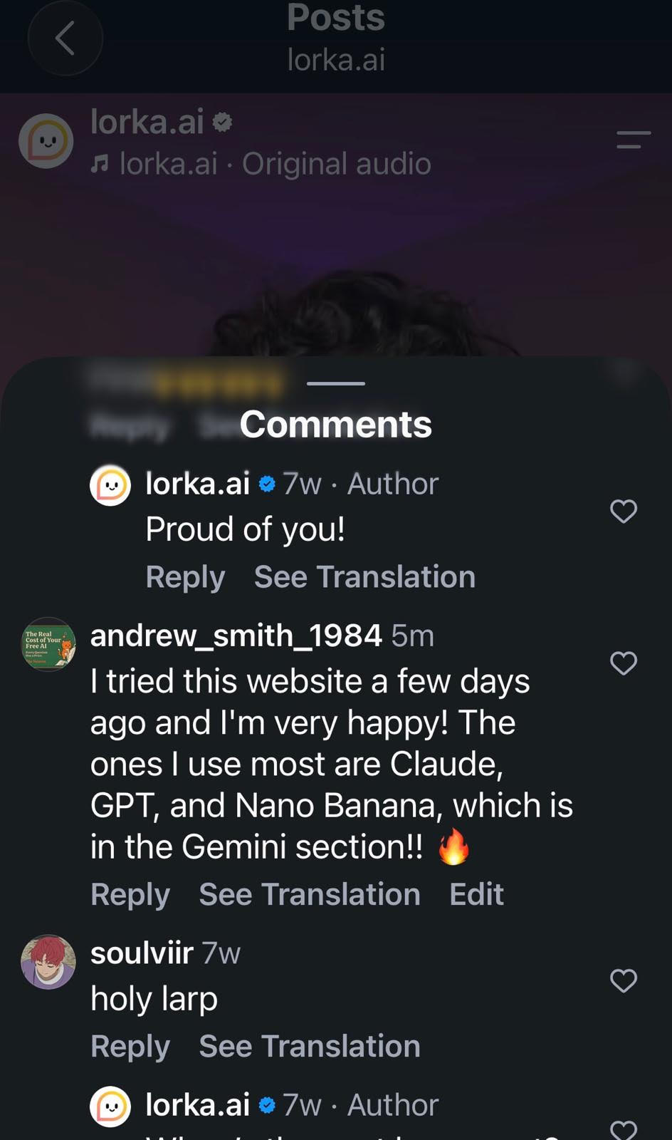 Instagram comment praising Lorka AI