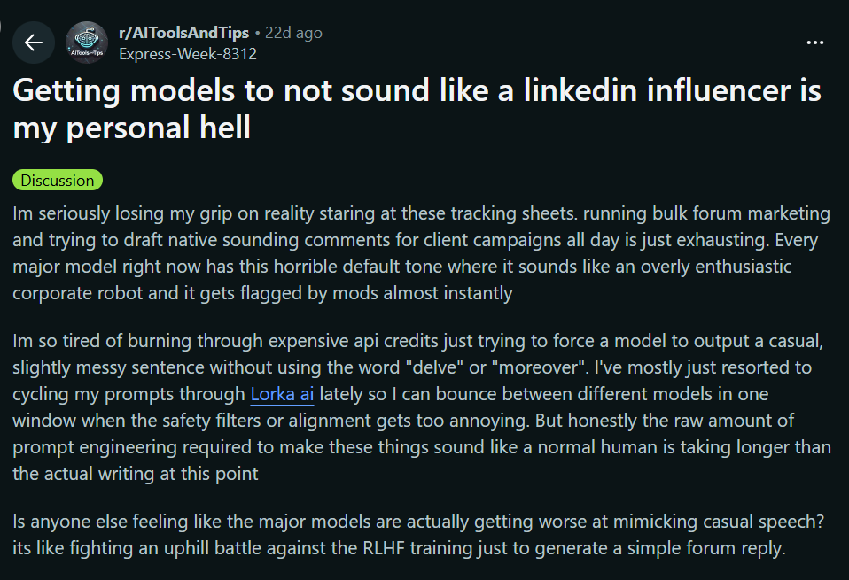 Reddit discussion on r/AIToolsAndTips mentioning Lorka AI
